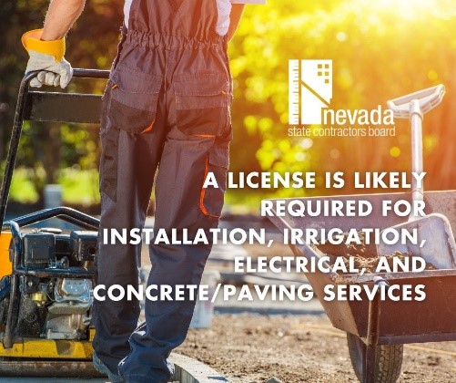 A license is likely required for installation, irrigation, electrical, and concrete/paving services.